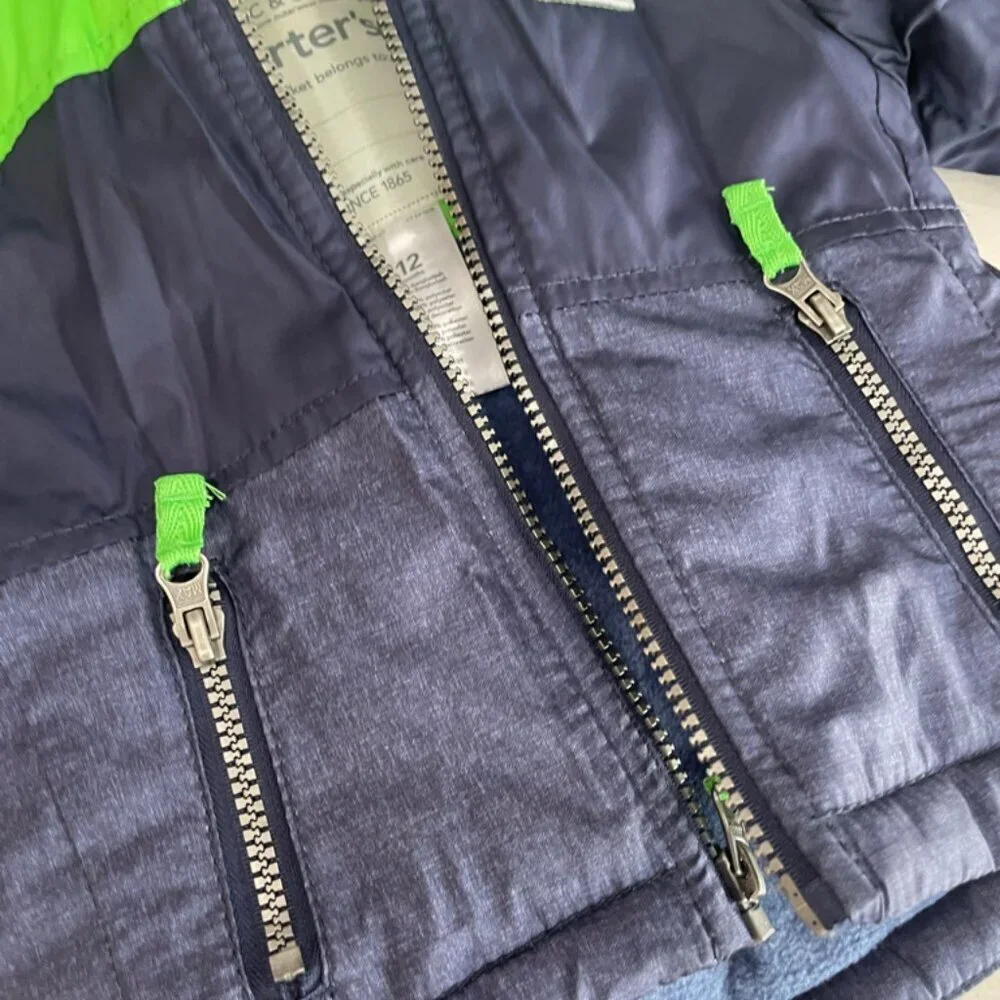 CARTERS HOODED PUFFER JACKET SZ 12 MONTHS BABY GREEN/NAVY BLUE COZY‎ WINTER CORE